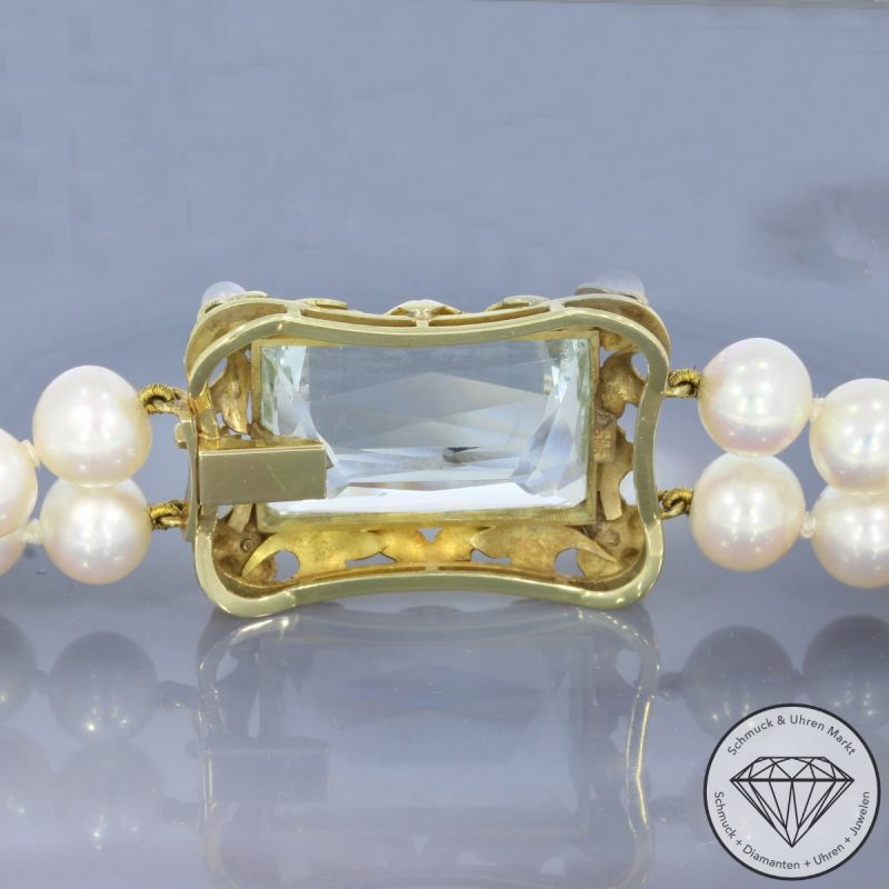 Wert 7800 € 2-reihiges Perl Collier mit Aquamarin Schließe in 585er 14 K Gelbgold - 83503