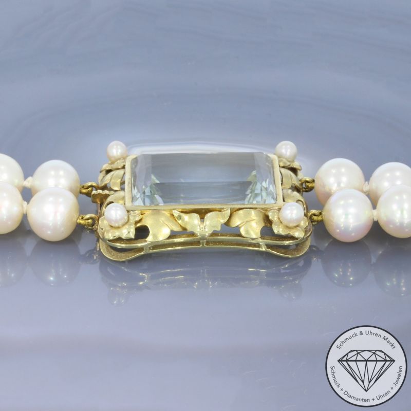 Wert 7800 € 2-reihiges Perl Collier mit Aquamarin Schließe in 585er 14 K Gelbgold - 83503