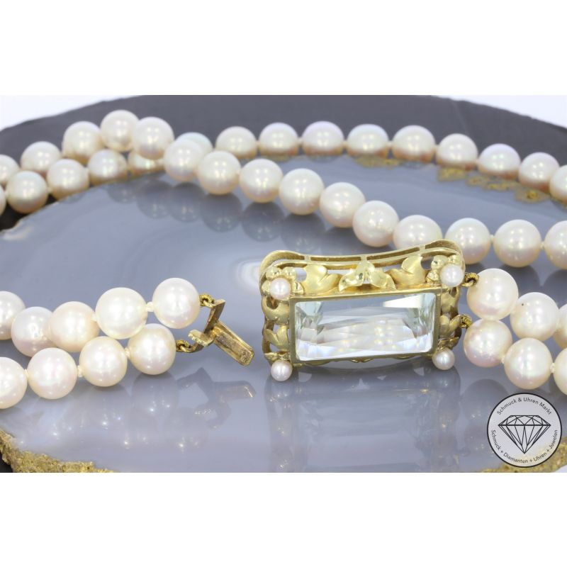 Wert 7800 € 2-reihiges Perl Collier mit Aquamarin Schließe in 585er 14 K Gelbgold - 83503