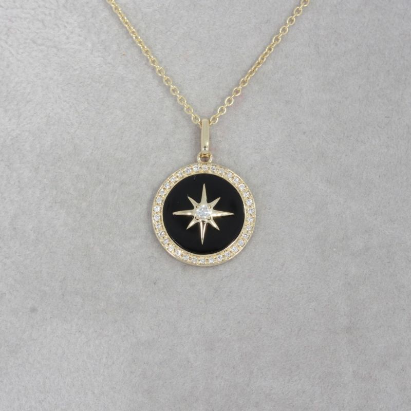 Wert 1750 € Brillant Onyx Anhänger & Kette in 585er 14 K Gelbgold - H1673