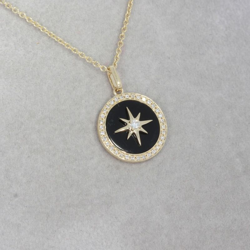 Wert 1750 € Brillant Onyx Anhänger & Kette in 585er 14 K Gelbgold - H1673