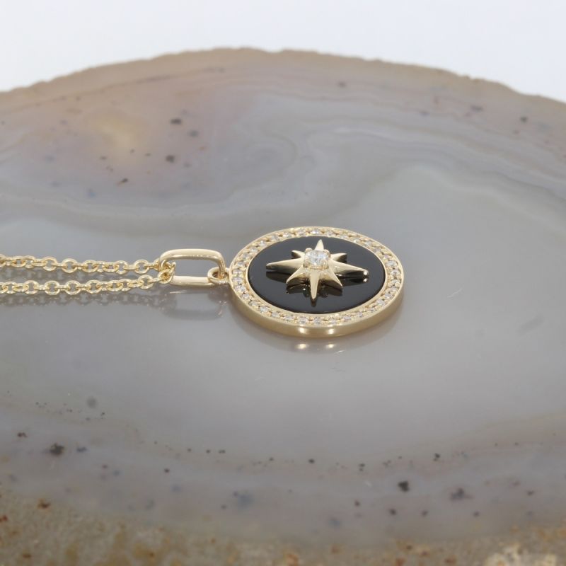 Wert 1750 € Brillant Onyx Anhänger & Kette in 585er 14 K Gelbgold - H1673
