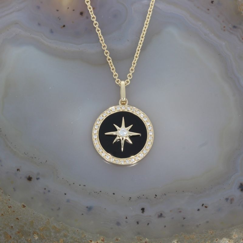 Wert 1750 € Brillant Onyx Anhänger & Kette in 585er 14 K Gelbgold - H1673