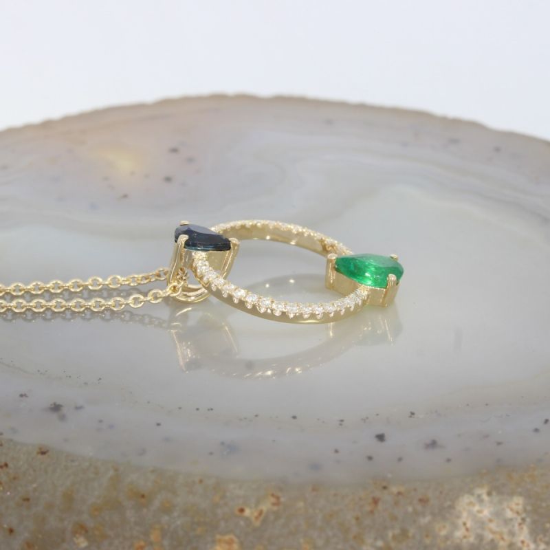 Wert 2490 € Brillant Saphir Smaragd Anhänger & Kette in 585er 14 K Gelbgold - H1496