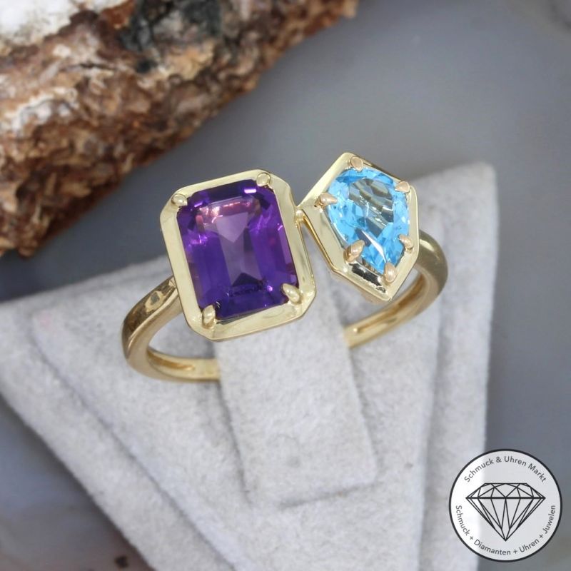 Wert 1150 € Amethyst Topas Ring 585er/14 Karat Gelb Gold Größe 55 – 88778