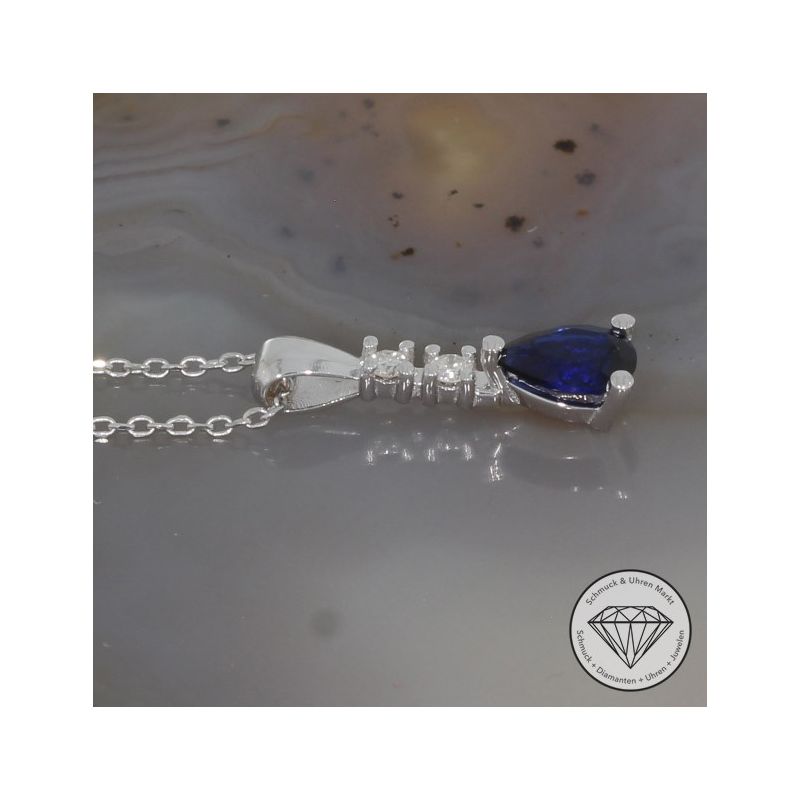 Wert 850 € Brillant Saphir Anhänger & Kette in 585er 14 K Weißgold - H1589