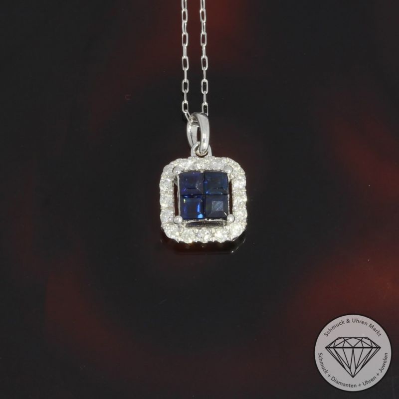 Wert 690 € Brillant Saphir Anhänger & Kette in 750er 18 K Weißgold - H1695