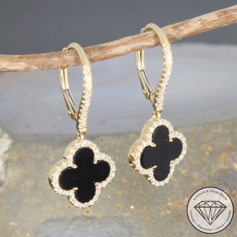 Wert 2450 € Brillant Onyx Ohrringe in 585er 14 K Gelbgold - H1039