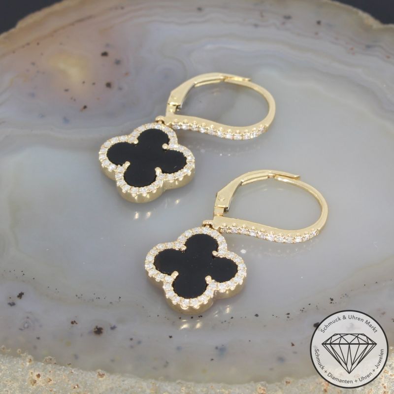 Wert 2450 € Brillant Onyx Ohrringe in 585er 14 K Gelbgold - H1039