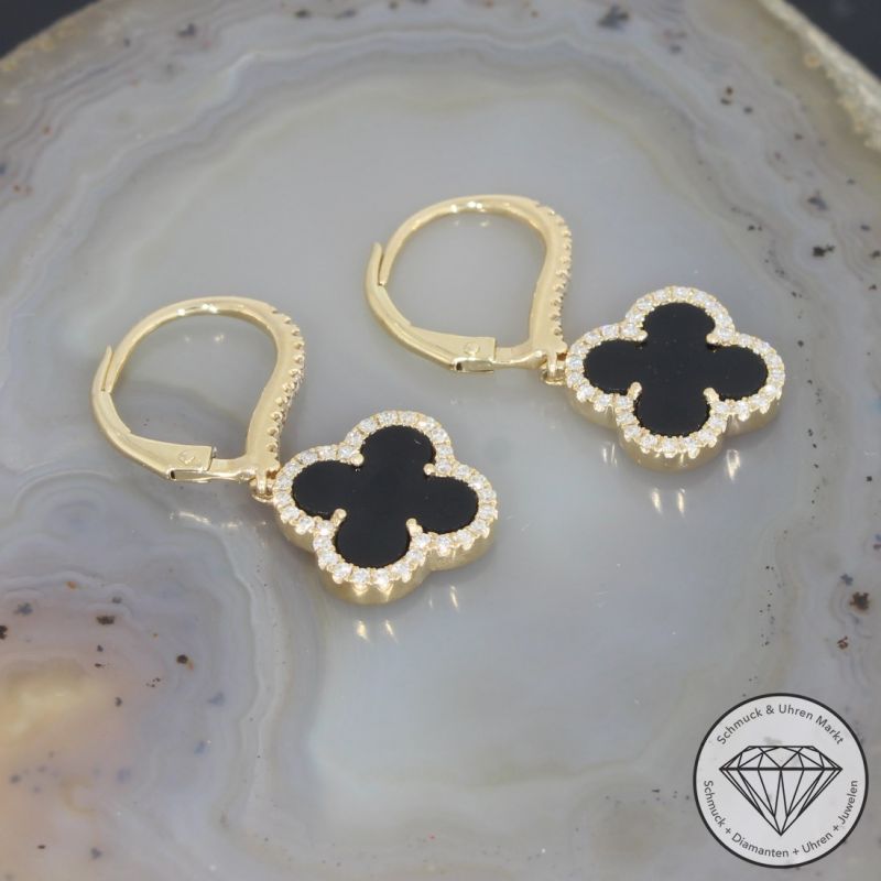 Wert 2450 € Brillant Onyx Ohrringe in 585er 14 K Gelbgold - H1039