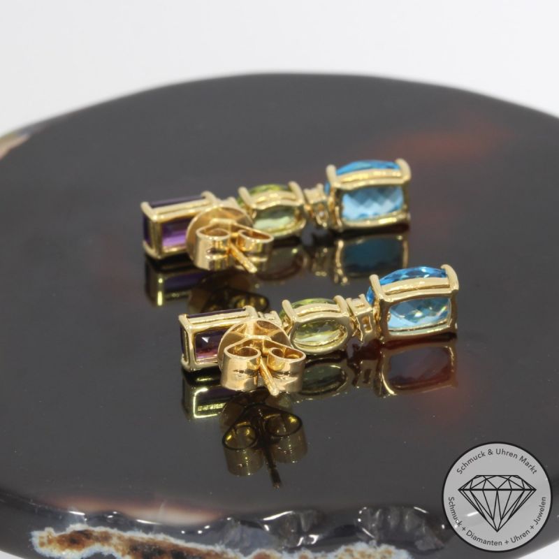 Wert 1190 € Brillant Farbedelstein Ohrringe 750er/18 Karat Gelb Gold Länge 2,3 cm – 91739