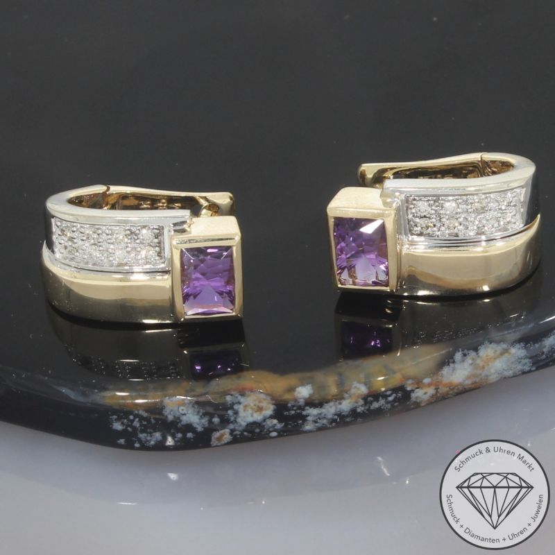 Wert 1850 € Bicolor Brillant Amethyst Ohrringe in 585er 14 K Gold - 91764