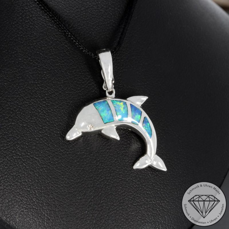 Wert 1220 € Diamant Opal Anhänger Delfin in 585er 14 K Weißgold - 91812