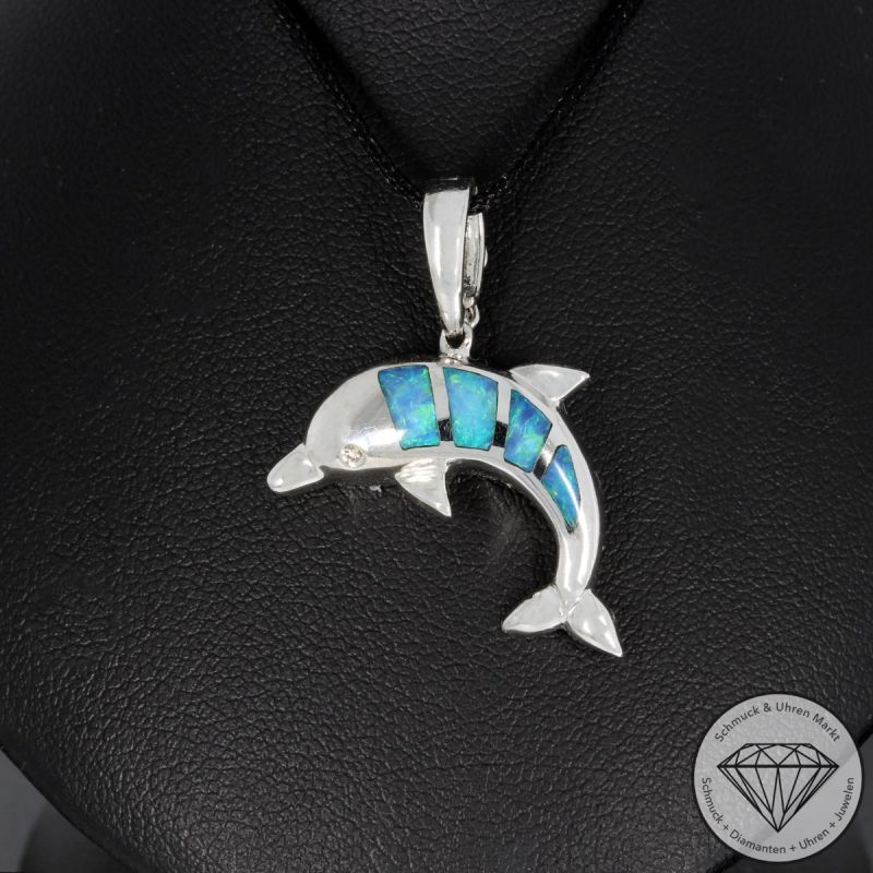 Wert 1220 € Diamant Opal Anhänger Delfin in 585er 14 K Weißgold - 91812