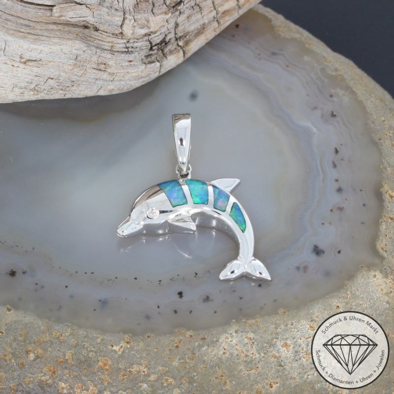 Wert 1220 € Diamant Opal Anhänger Delfin in 585er 14 K Weißgold - 91812