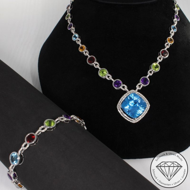 Wert 9990 € Brillant Farbedelstein Collier in 585er 14 K Weißgold - 91831