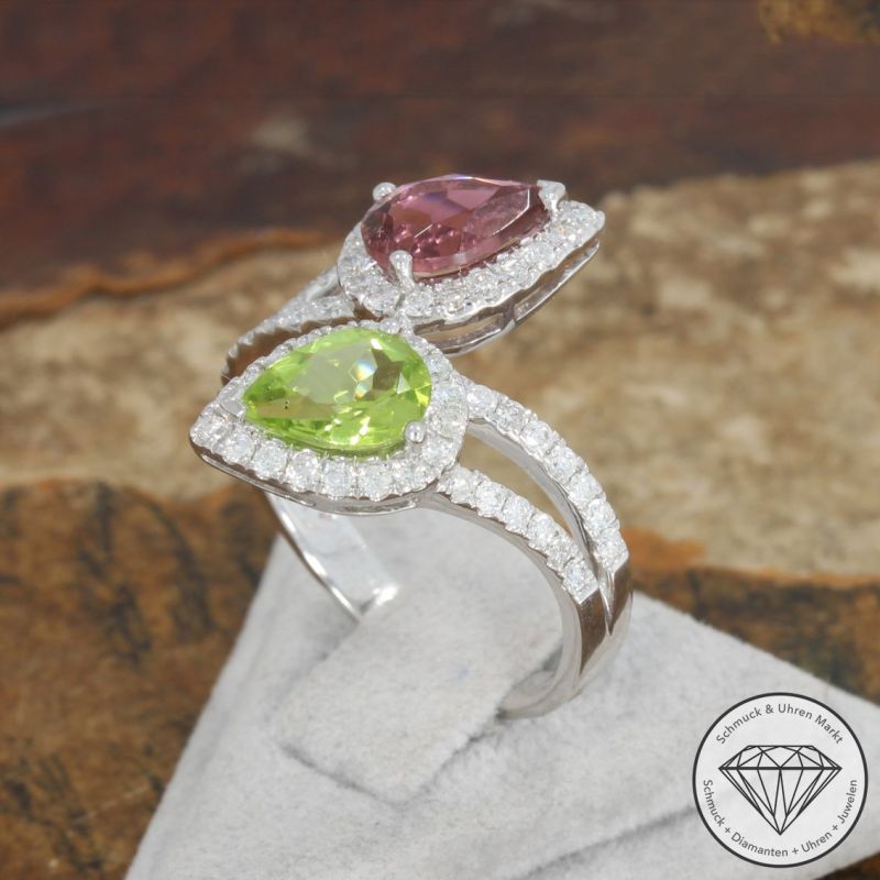 SALE! Wert 3190 € Brillant Peridot Turmalin Ring in 750er 18 K Weißgold - 92100