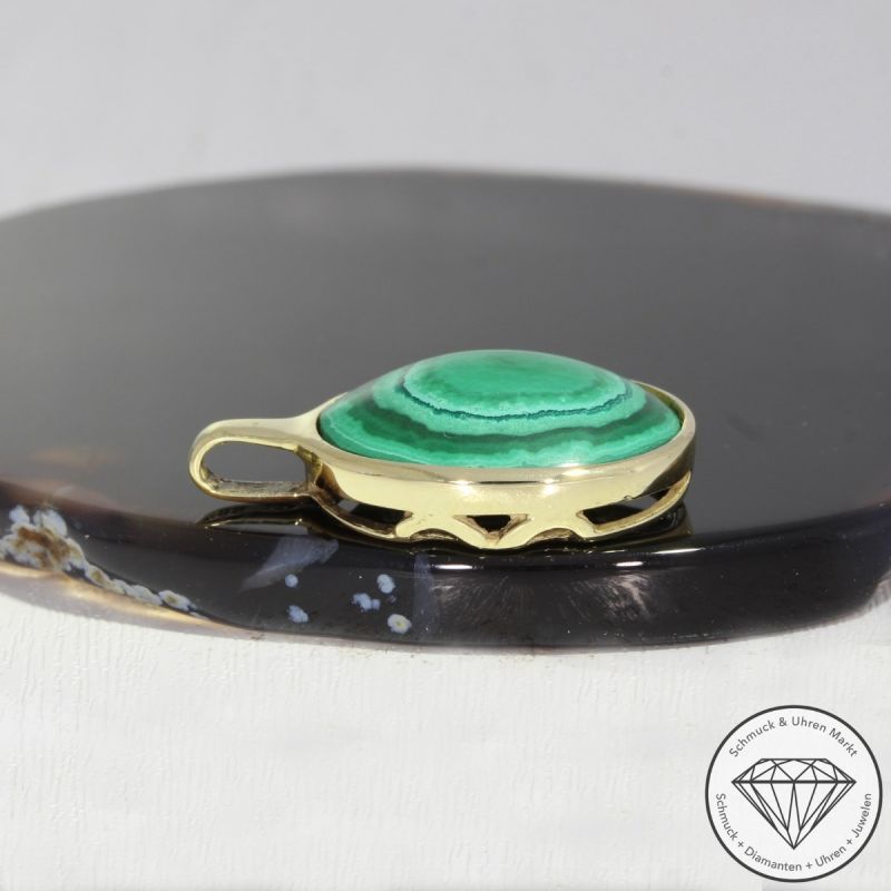 Wert 950 € Malachit Anhänger ohne Kette 585er/14 Karat Gelb Gold Länge 2,7 cm – 92242