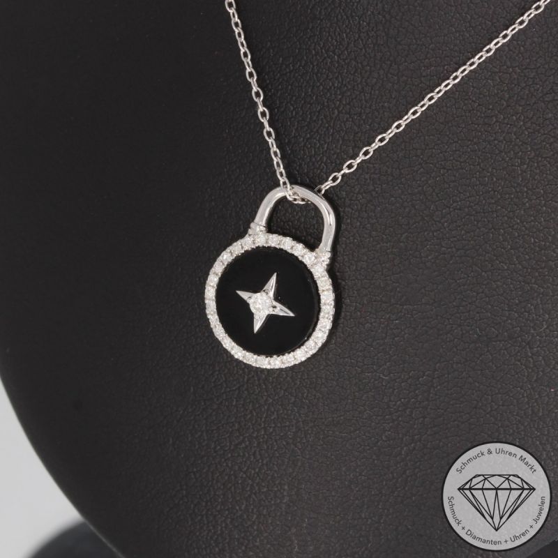 Sale! Wert 1490 € Brillant Onyx Anhänger mit Kette in 585er 14 K Weißgold - 92855