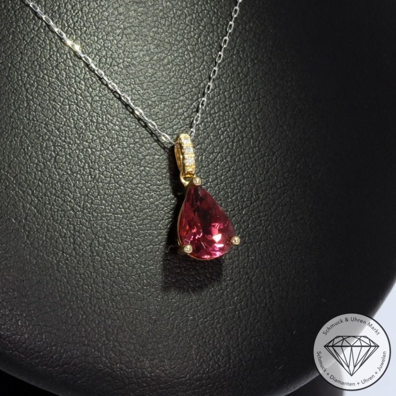 Sale! Wert 890 € Brillant Turmalin Anhänger mit Kette in 900er Platin & 750er 18 K Gelbgold - 92865