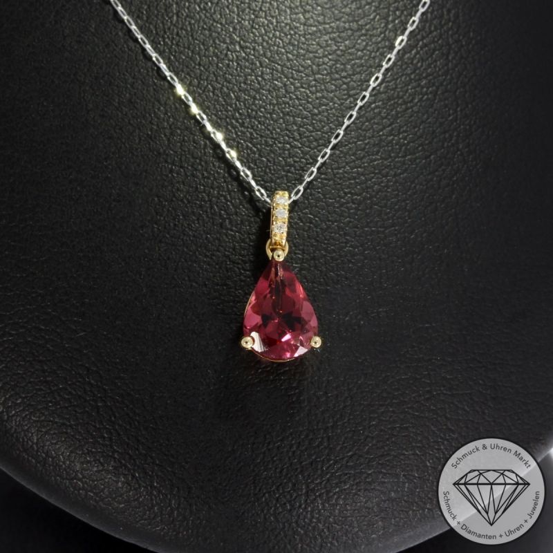 Sale! Wert 890 € Brillant Turmalin Anhänger mit Kette in 900er Platin & 750er 18 K Gelbgold - 92865