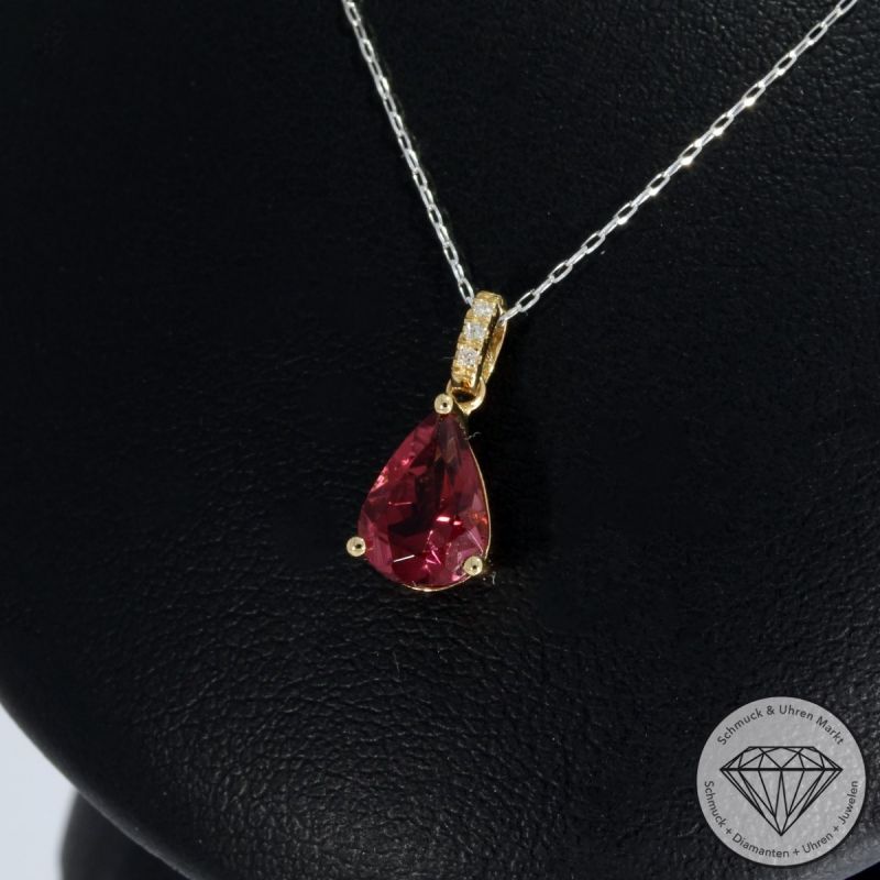 Sale! Wert 890 € Brillant Turmalin Anhänger mit Kette in 900er Platin & 750er 18 K Gelbgold - 92865
