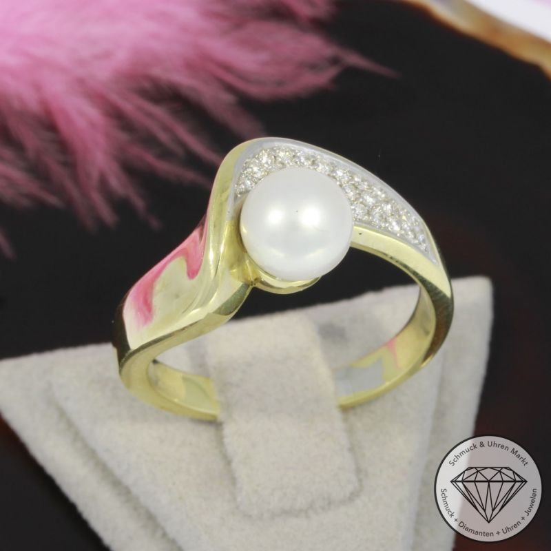 Wert 1650 € Brillant Perl Ring in 585er 14 K Gelbgold - 93506