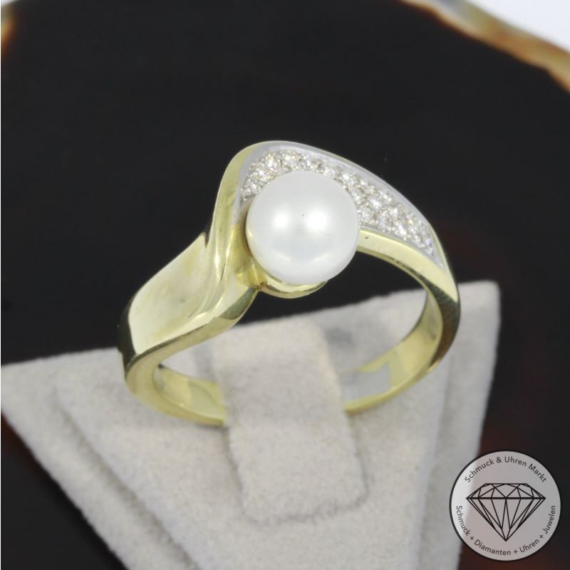 Wert 1650 € Brillant Perl Ring in 585er 14 K Gelbgold - 93506