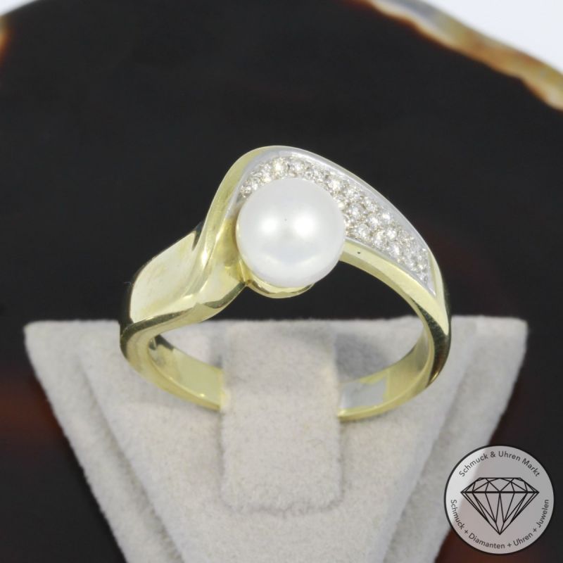 Wert 1650 € Brillant Perl Ring in 585er 14 K Gelbgold - 93506