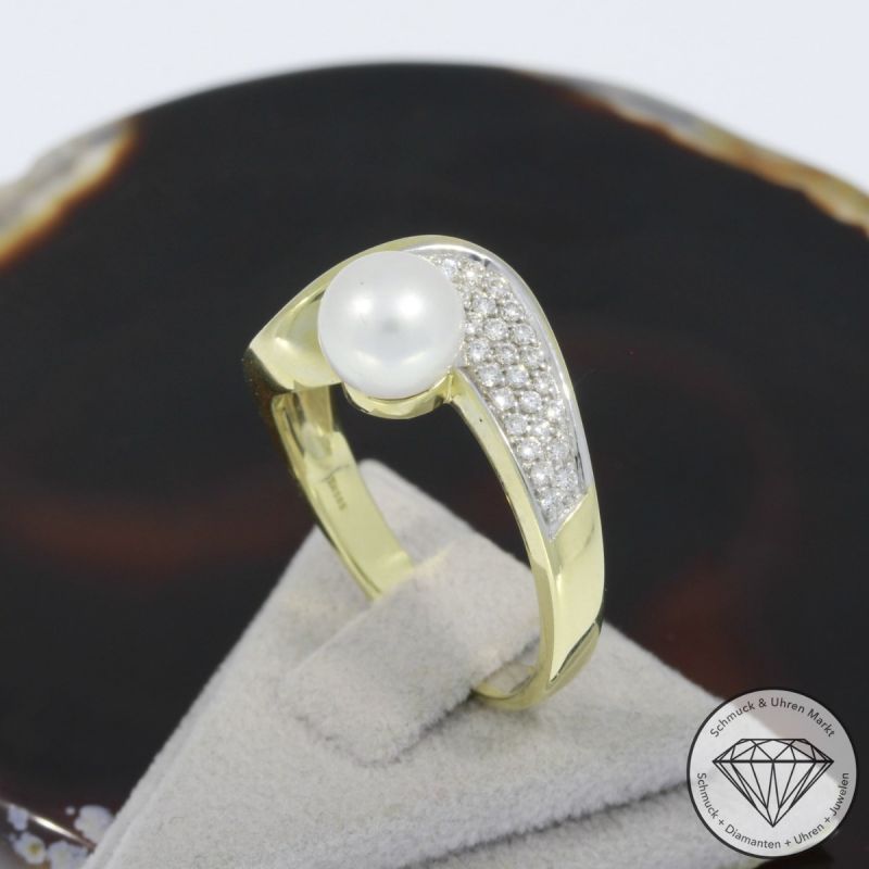 Wert 1650 € Brillant Perl Ring in 585er 14 K Gelbgold - 93506