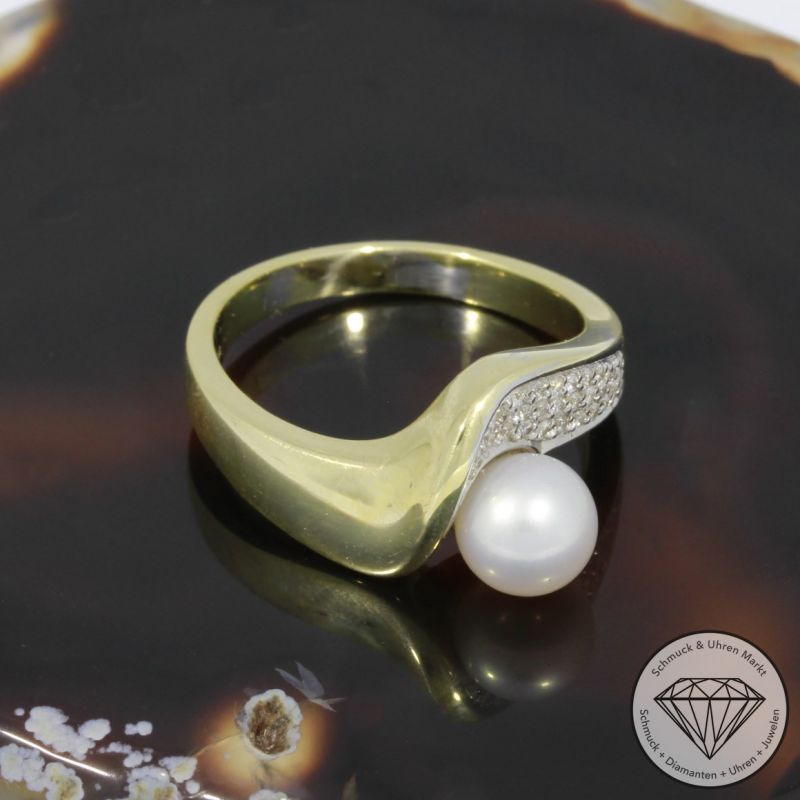 Wert 1650 € Brillant Perl Ring in 585er 14 K Gelbgold - 93506