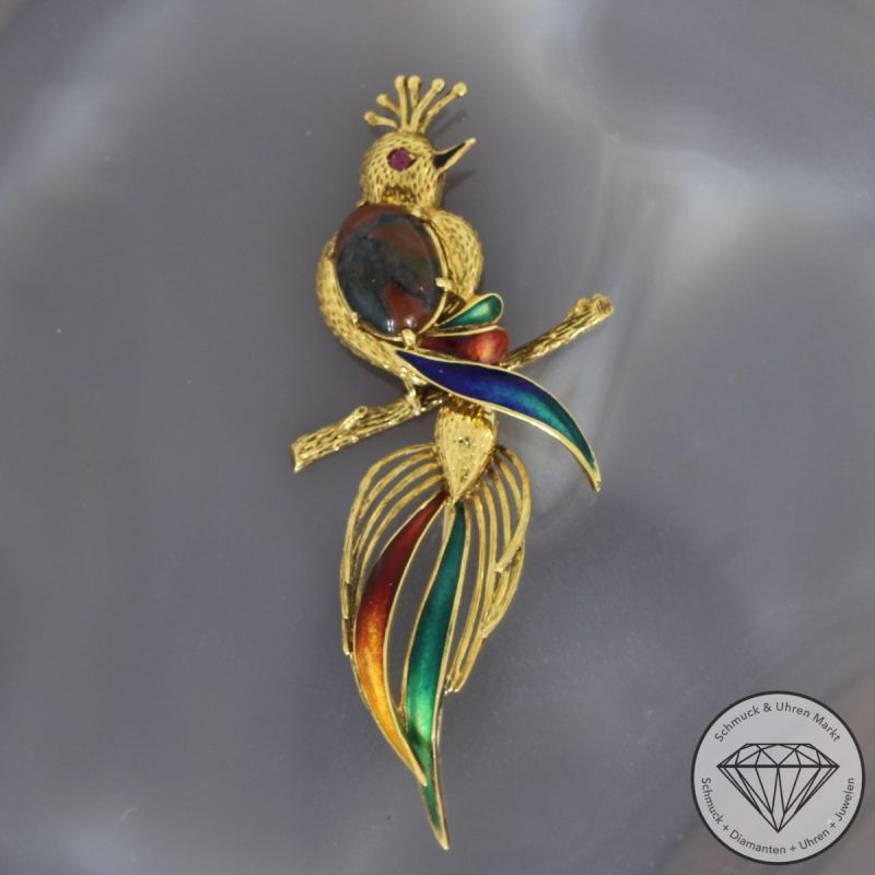 Sale! Wert 3850 € Rubin Heliotrop Emaille Brosche in 750er 18 K Gelbgold - 94709