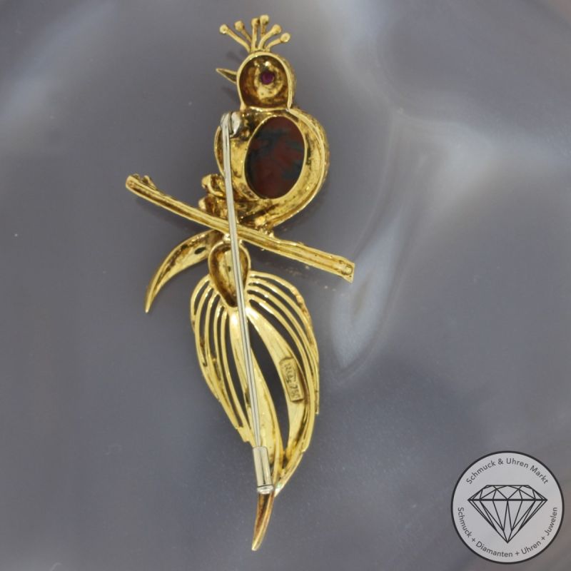 Sale! Wert 3850 € Rubin Heliotrop Emaille Brosche in 750er 18 K Gelbgold - 94709