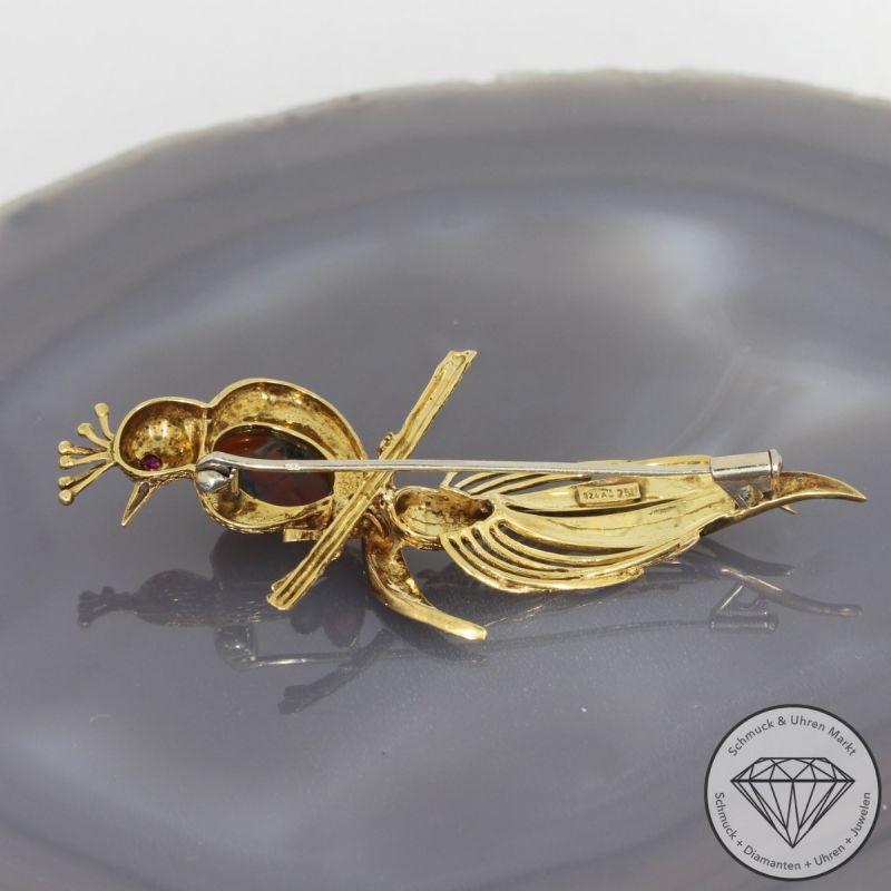 Sale! Wert 3850 € Rubin Heliotrop Emaille Brosche in 750er 18 K Gelbgold - 94709