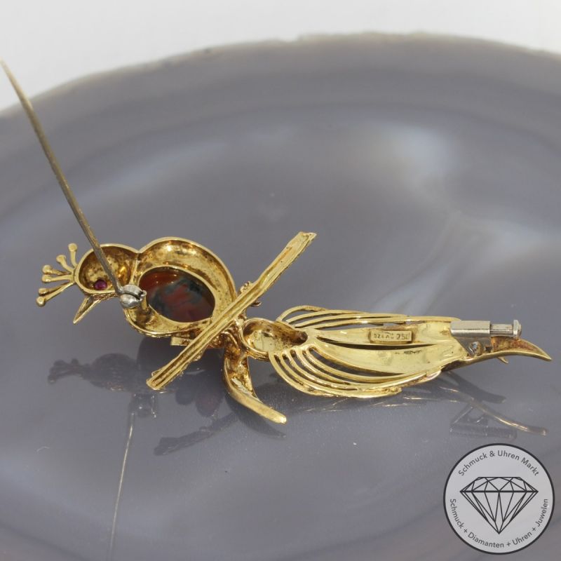 Sale! Wert 3850 € Rubin Heliotrop Emaille Brosche in 750er 18 K Gelbgold - 94709