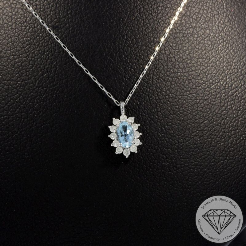 Wert 590 € Brillant Aquamarin Anhänger & Kette in 900er Platin - 94855
