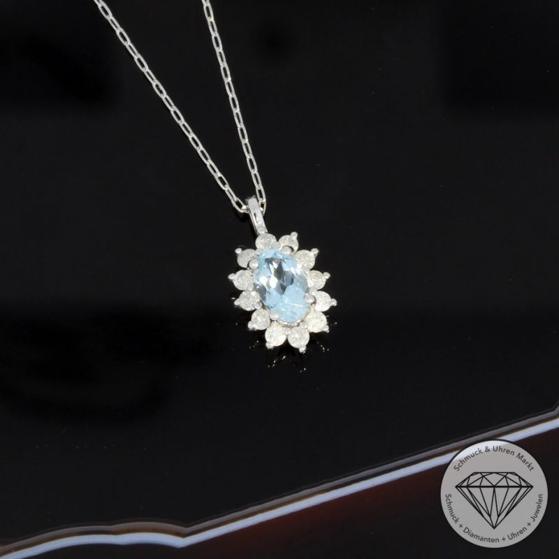 Wert 590 € Brillant Aquamarin Anhänger & Kette in 900er Platin - 94855