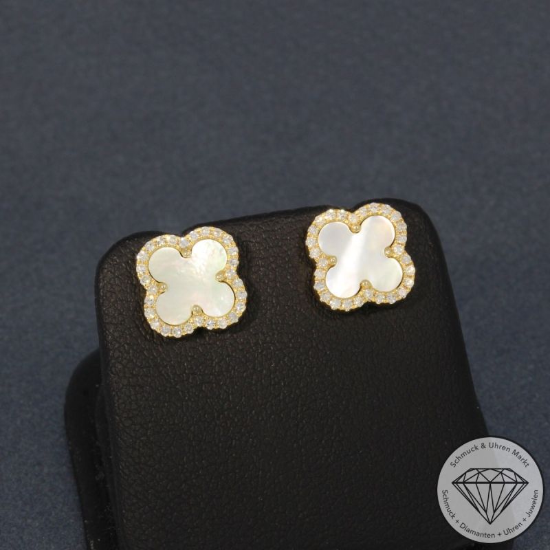 Wert 1470 € Diamant Perlmutt Ohrstecker Kleeblatt in 585er 14 K Gelbgold - H712