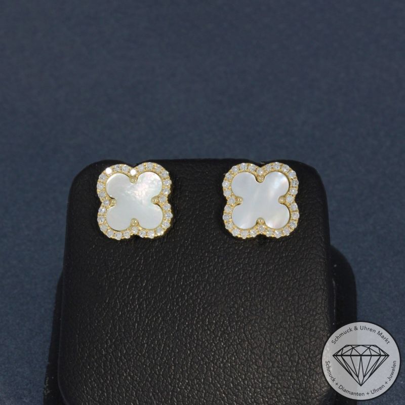 Wert 1470 € Diamant Perlmutt Ohrstecker Kleeblatt in 585er 14 K Gelbgold - H712