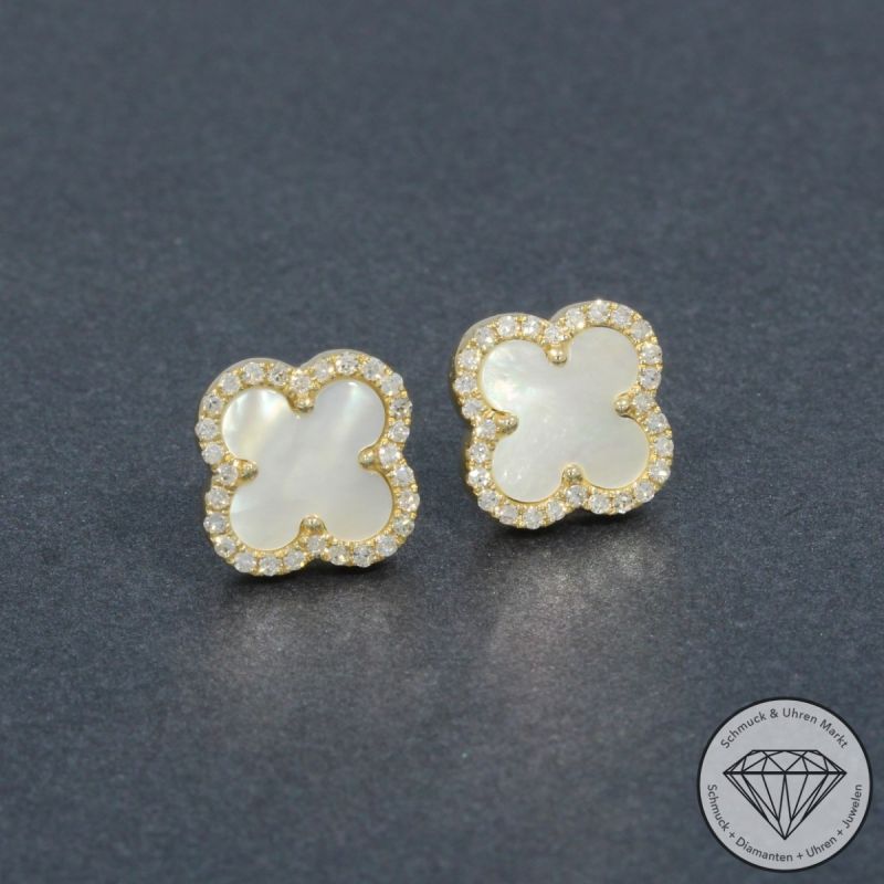 Wert 1470 € Diamant Perlmutt Ohrstecker Kleeblatt in 585er 14 K Gelbgold - H712