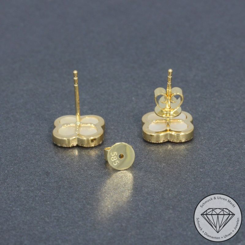 Wert 1470 € Diamant Perlmutt Ohrstecker Kleeblatt in 585er 14 K Gelbgold - H712