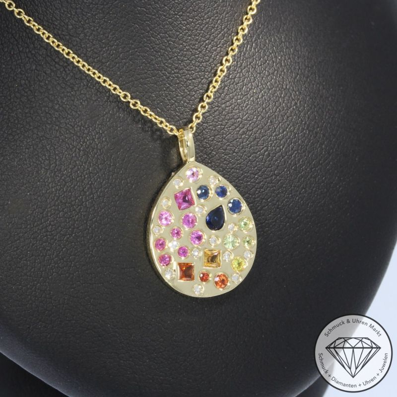 Wert 2490 € Brillant Saphir Anhänger & Kette in 585er 14 K Gelbgold - H1791