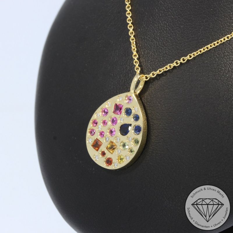 Wert 2490 € Brillant Saphir Anhänger & Kette in 585er 14 K Gelbgold - H1791