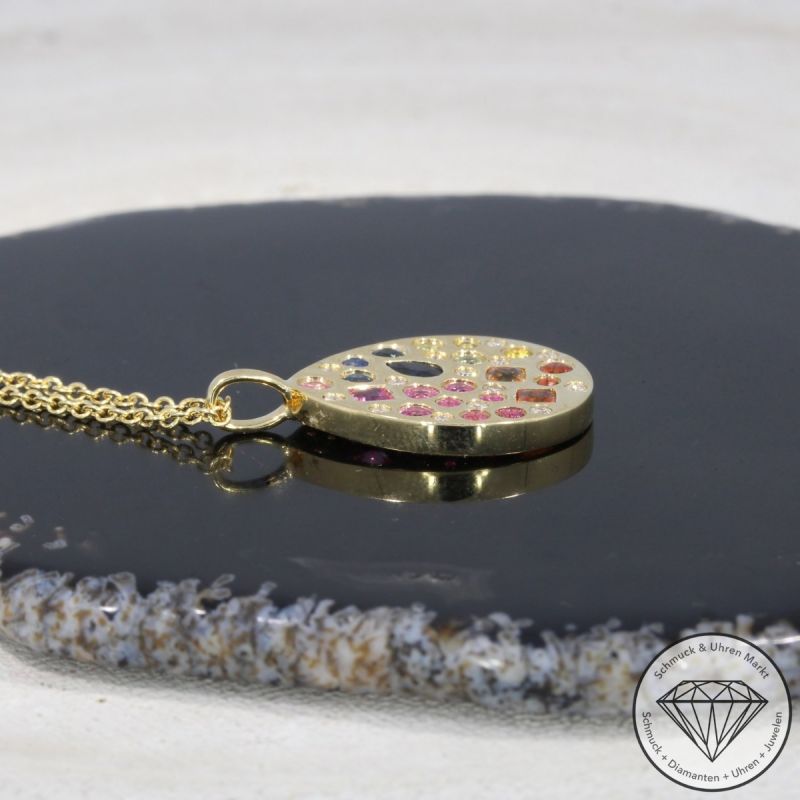 Wert 2490 € Brillant Saphir Anhänger & Kette in 585er 14 K Gelbgold - H1791