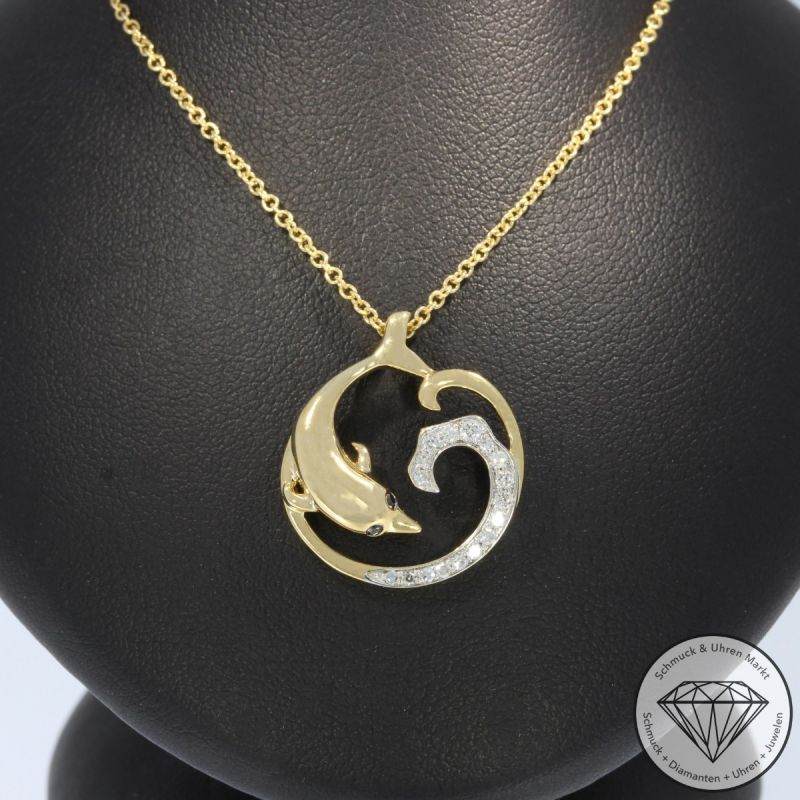 Wert 2490 € Brillant Diamant Anhänger & Kette Delfin in 585er 14 K Gelbgold - H1793