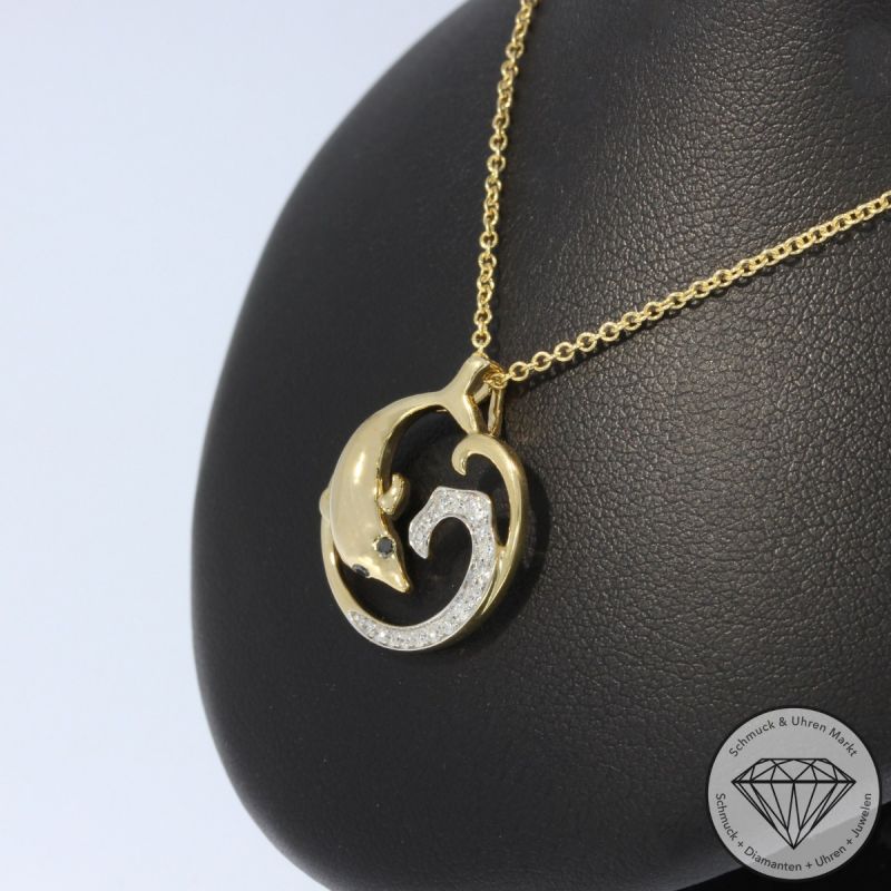 Wert 2490 € Brillant Diamant Anhänger & Kette Delfin in 585er 14 K Gelbgold - H1793