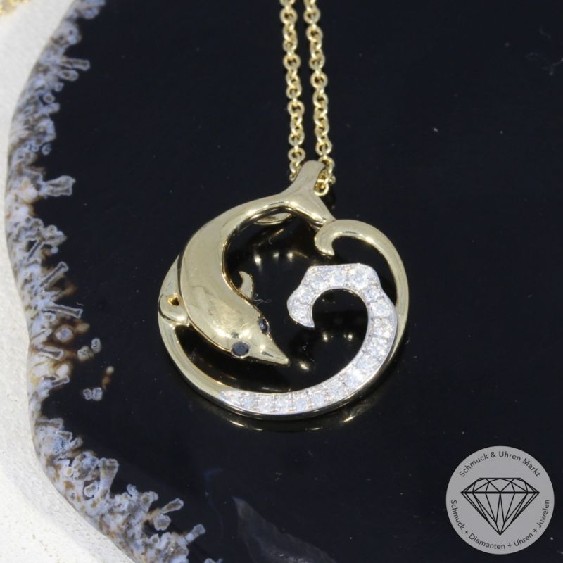 Wert 2490 € Brillant Diamant Anhänger & Kette Delfin in 585er 14 K Gelbgold - H1793