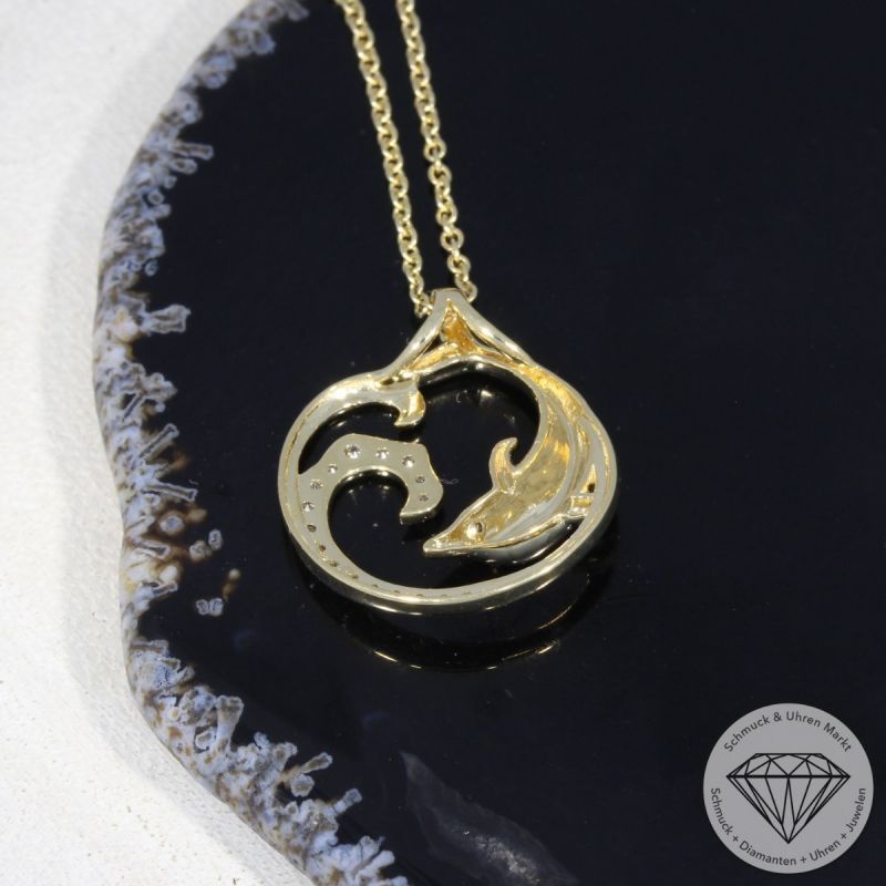Wert 2490 € Brillant Diamant Anhänger & Kette Delfin in 585er 14 K Gelbgold - H1793