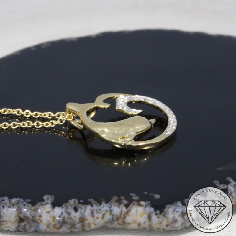 Wert 2490 € Brillant Diamant Anhänger & Kette Delfin in 585er 14 K Gelbgold - H1793