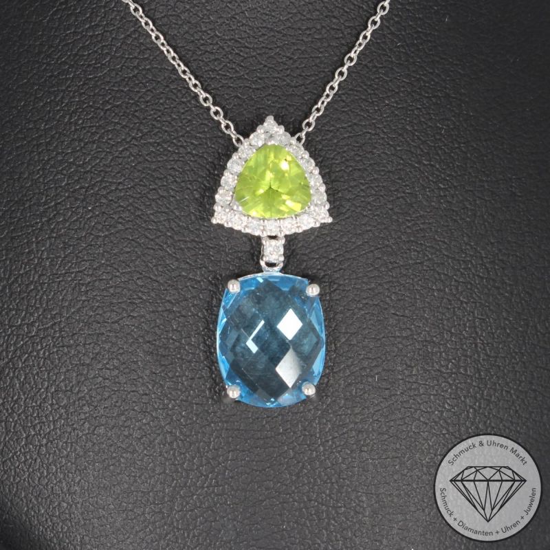 Wert 1290 € Brillant Topas Peridot Anhänger mit Kette in 750er 18 K Weißgold - 95115